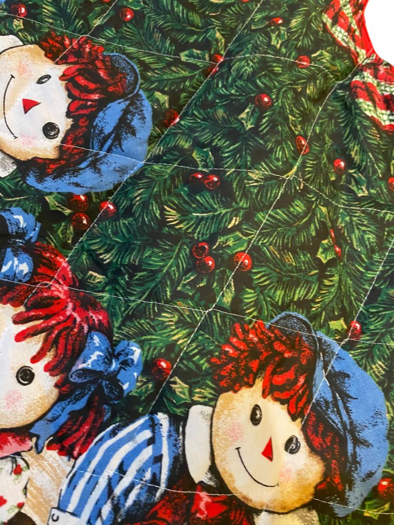 Vintage Christmas Tree Skirt Raggedy Ann Andy Quilted Fabric Christmas Tree Skirt 53" Red Satin Back