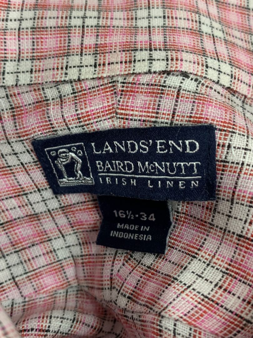 16.5 - 34 Lands End Baird McNutt Mens Irish Linen Button Down Shirt Pink Plaid
