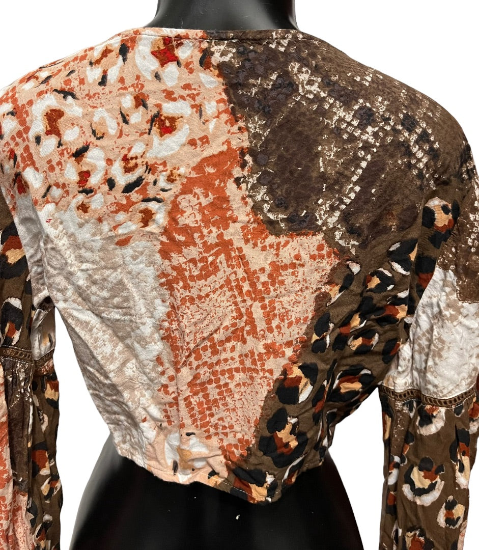 XS Raga Congo Women's Brown Multi Print Tie Front Crop Top Long Sleeve Blouse