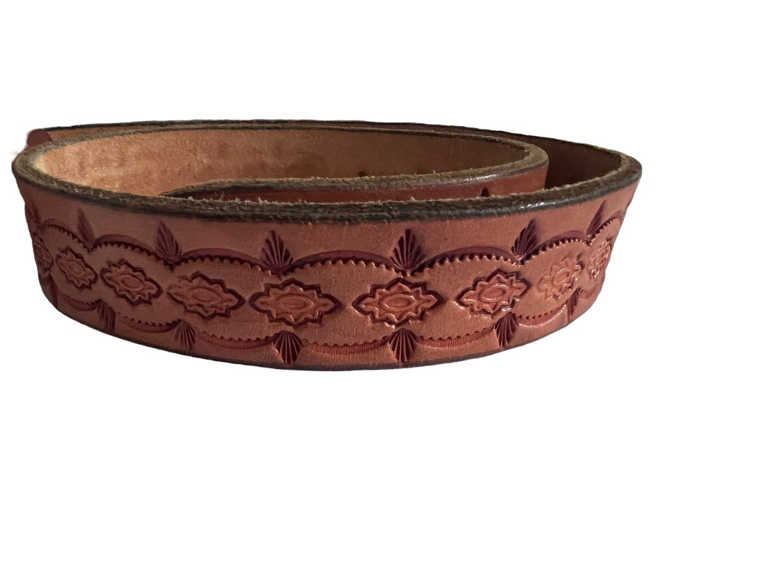 30 Hand Tooled Leather Western Belt Brown Cowboy Anchor Stamped Silver To e Metal Buckle