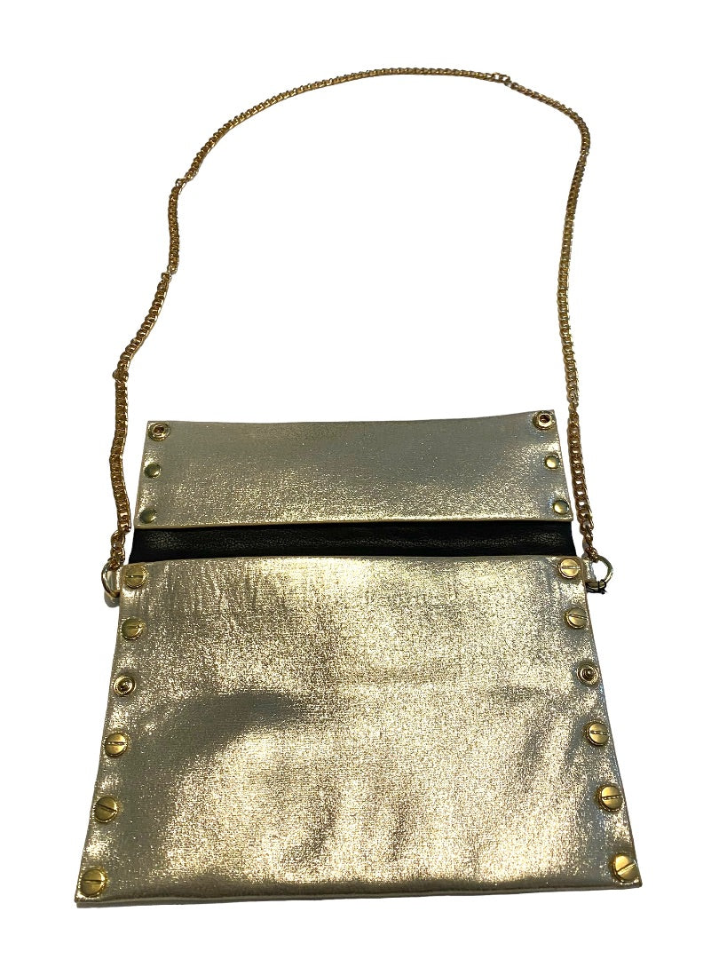 Gold Metallic Slim Crossbody Studded Chain Strap Purse New Designs By Liza Kim
