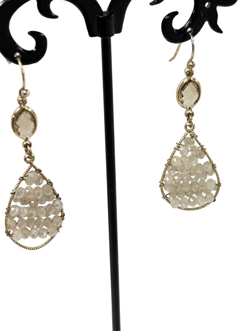 Silvertone Delicate Beaded Hook Pierced Earrings 2" Drop Dangle