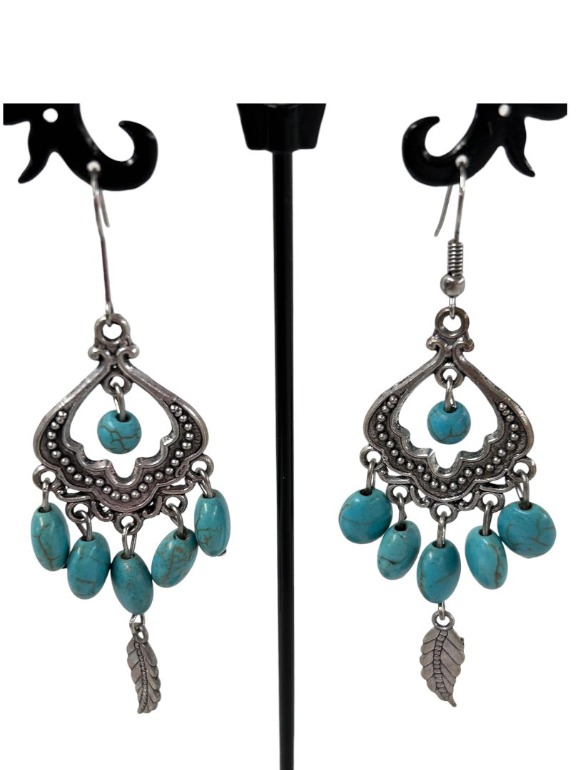 Turquoise Color Earrings Pierced Hook Silvertone 3" Drop Dangle