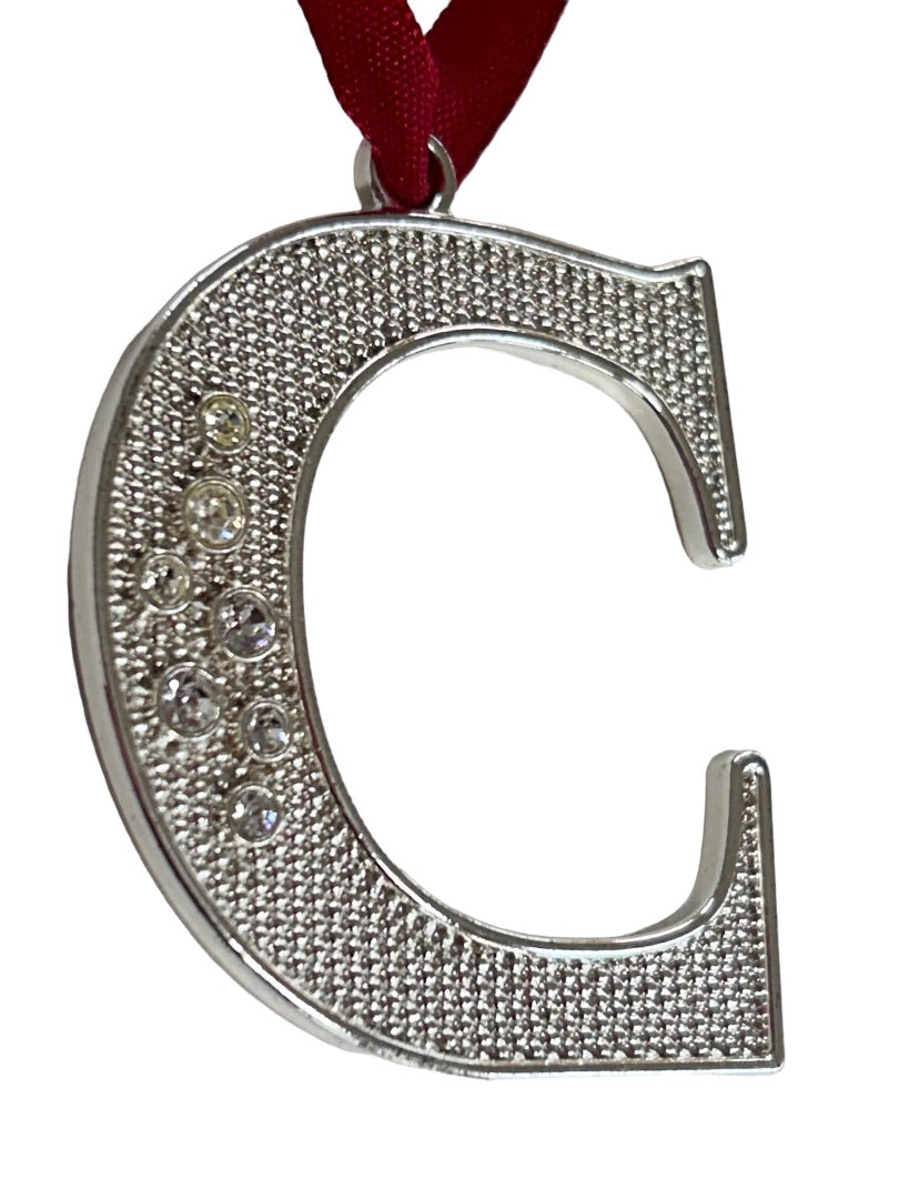 Harvey Lewis Silvertone "C" Initial Ornament 2" on Red Ribbon