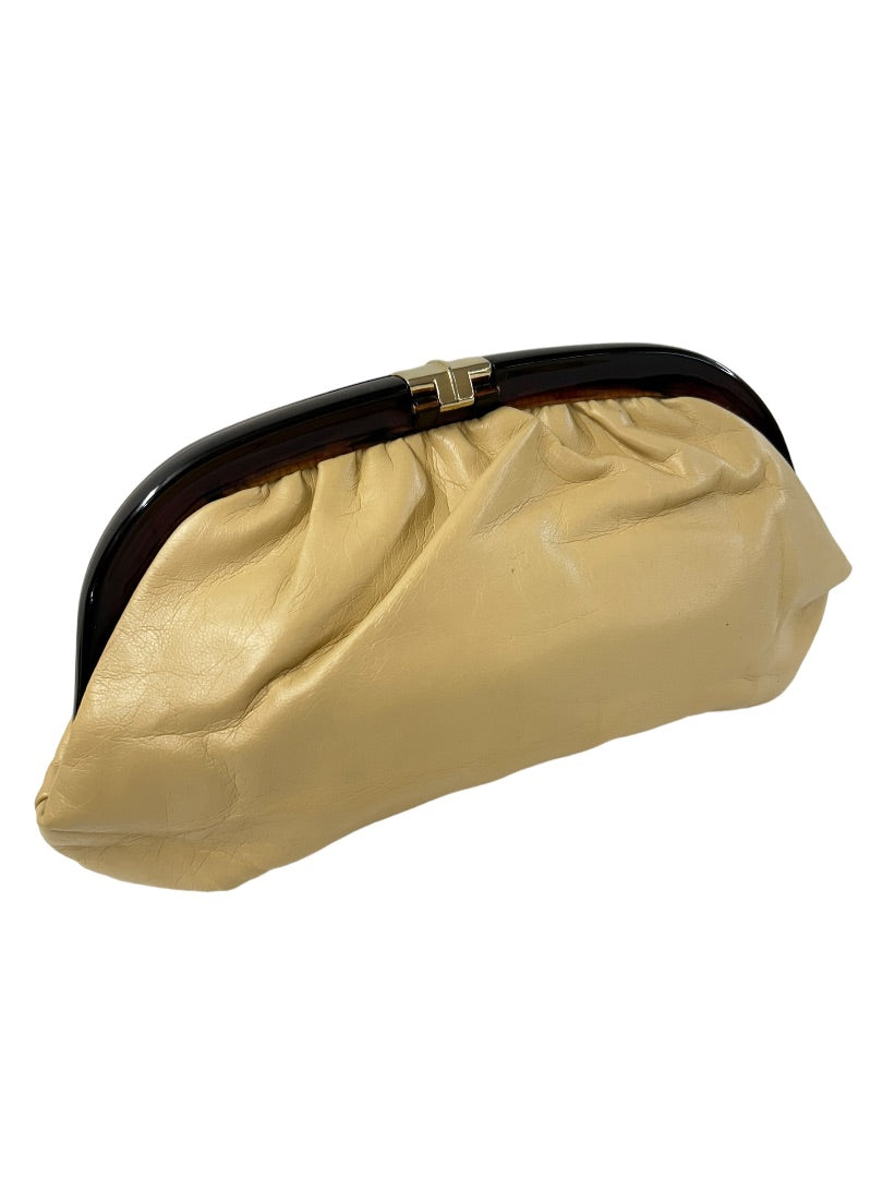 Cara USA Vintage Clutch Handbag Beige Leather Retro Pleated 12"l x 7"h