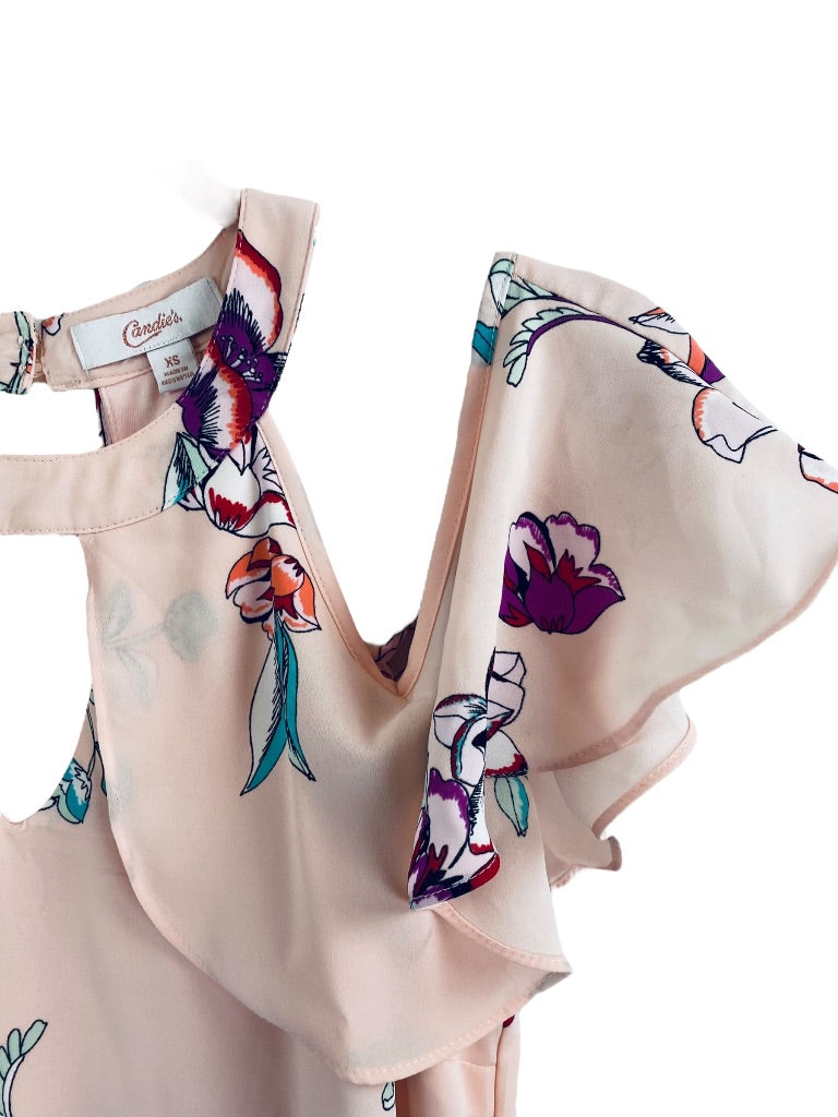 XS Candie's Pink Lined Cold Shoulder Halter Shift Dress Floral