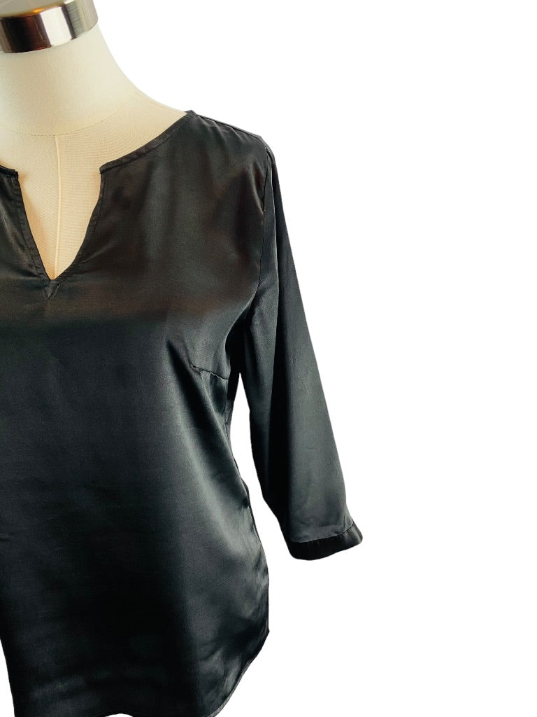 XS The Limited Womens Black Satin 3/4 Sleeve Pullover Split Neck Blouse