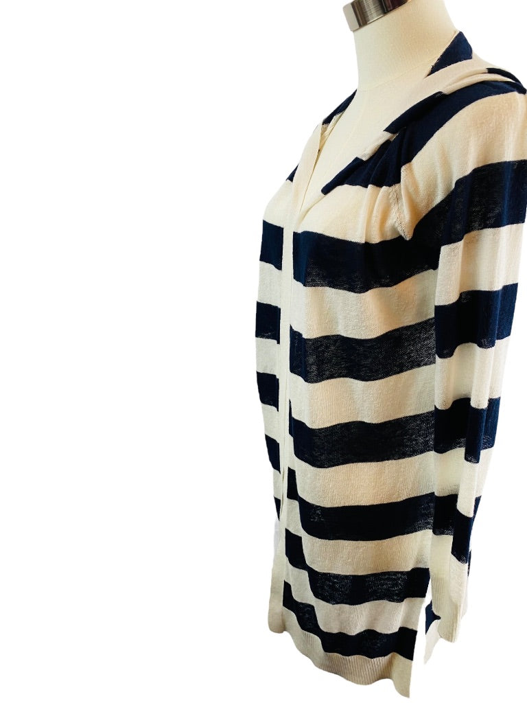 XS LOFT Womens Navy Blue White Striped Linen Blend Sweater Hooded Lightweight