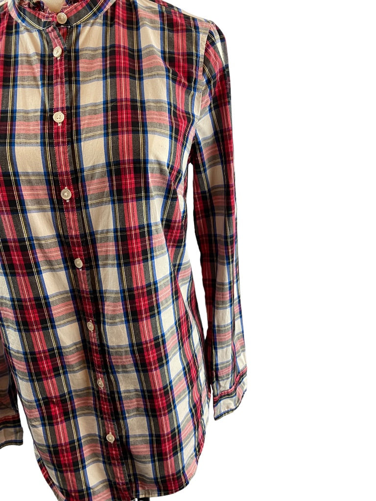 XS J.Crew Womens Plaid Button Up Ruffle Collar Blouse Stretch Cotton