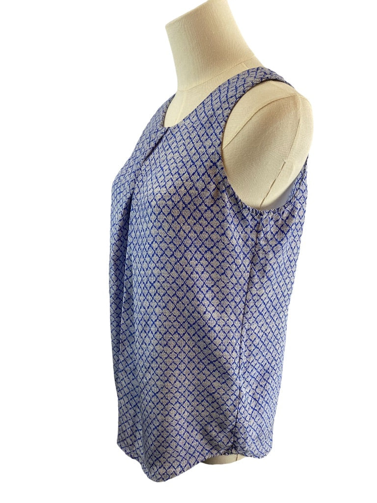 XS Cynthia Rowley Womens 100% Silk Blue Print Pullover Pleat Front Blouse