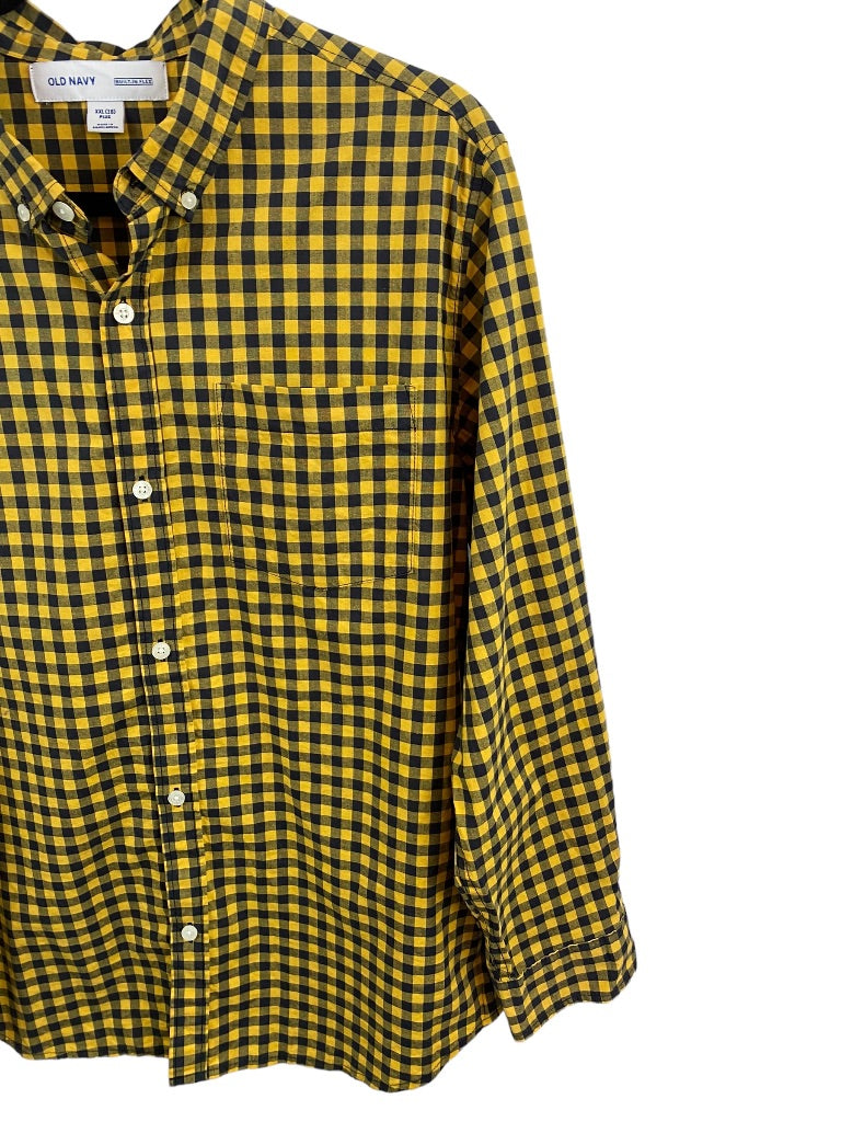 XXL (18) Old Navy Boys Yellow Navy Blue Check Button Down Dress Shirt