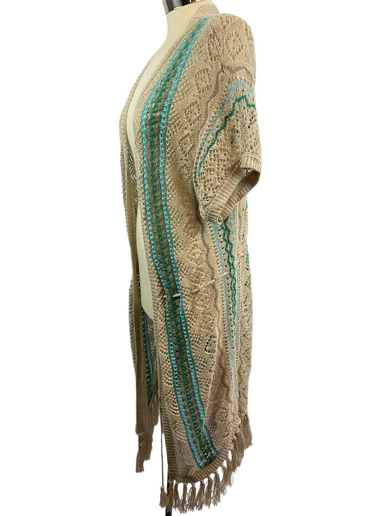 Small Chico's Women's Summer Linen Boho Fringed Loose Knit Cardigan Sweater