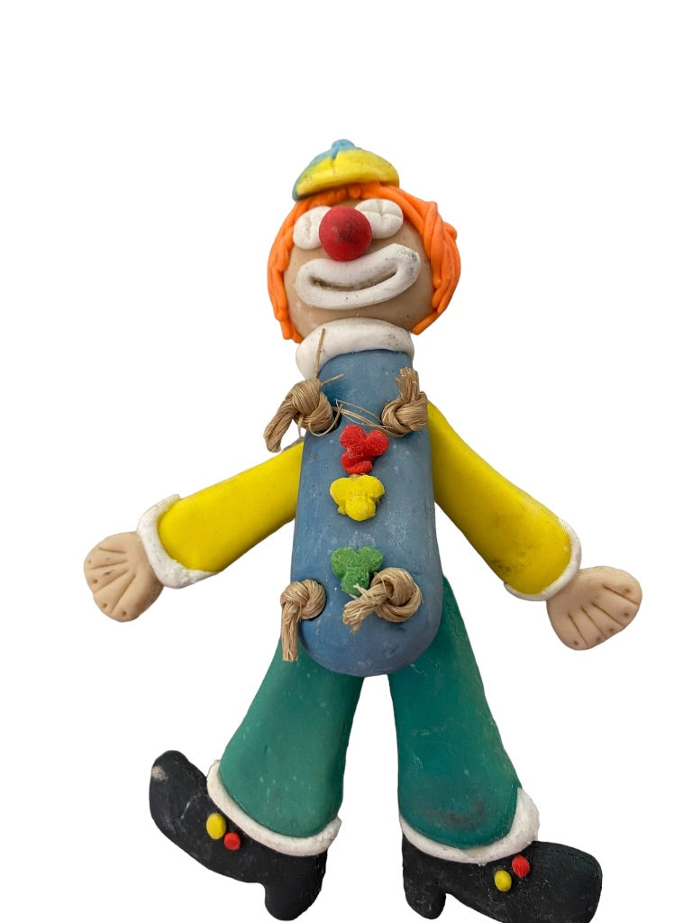 Handmade Clay Clown Articulated Magnet 5" Blue Green Yellow with Cap