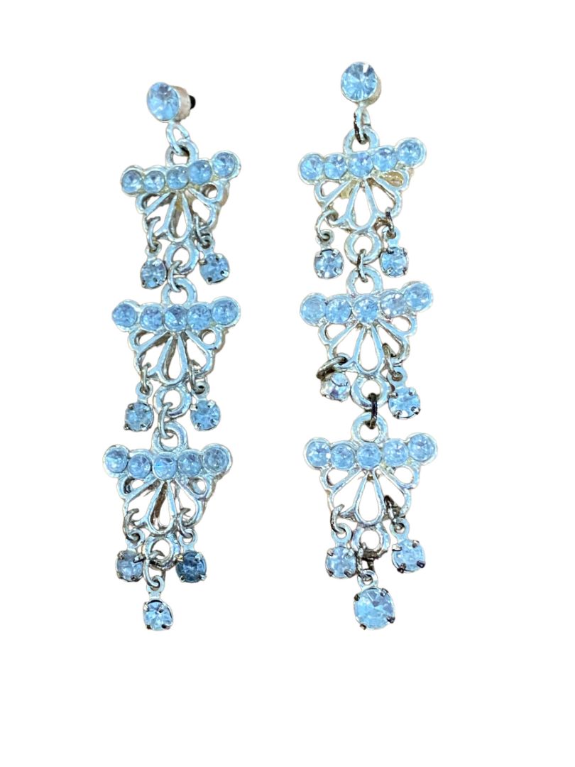 Silver Tone Rhinestone Art Deco Chandelier Dangle Pierced Earrings