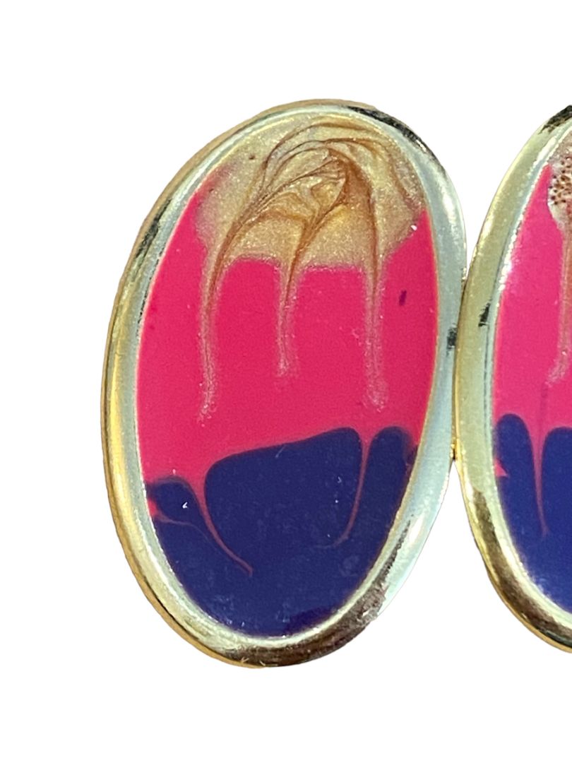 80's Gold Tone Retro Oval Enamel Pink Purple Pierced Post Earrings