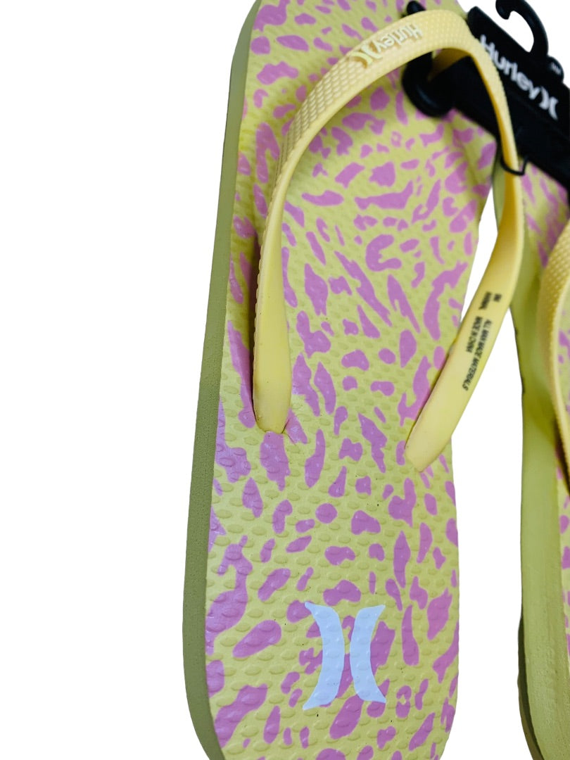 9M Hurley Womens New Animal Flip Flops Yellow Pink Cheetah Sunrise