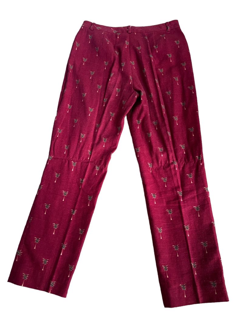 12 J McLaughlin Cotton Maroon Palmetto Tree Linen Style Dress Pants