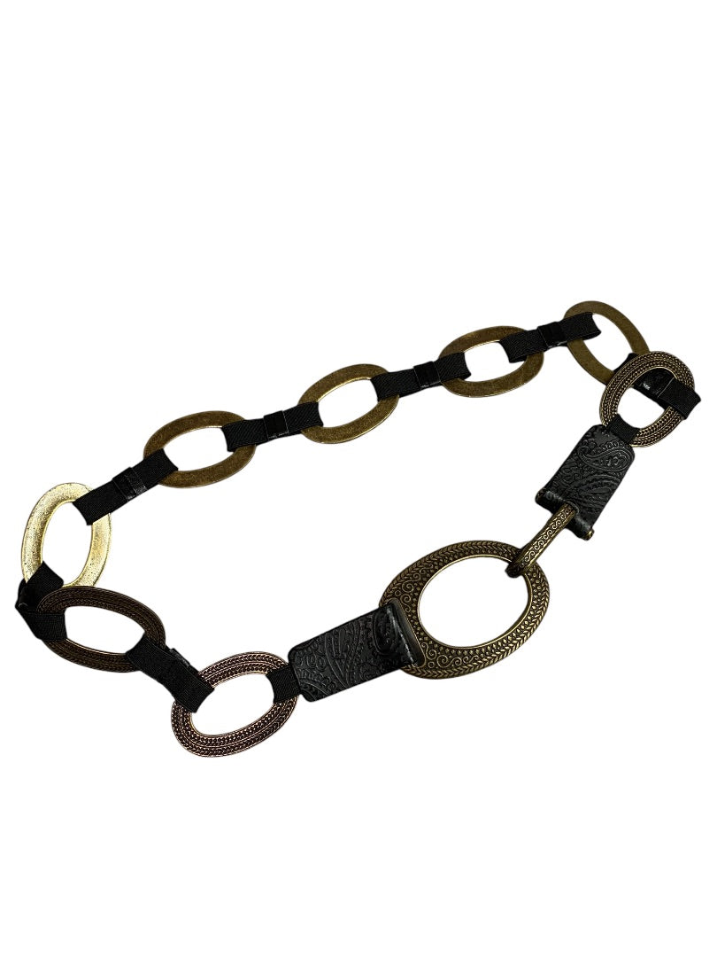 One Size Womens Brass and Tooled Leather Womens Link Stretch Belt