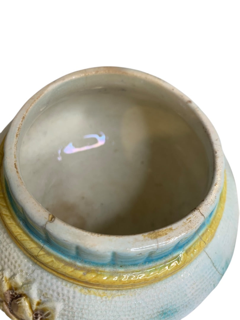 Antique Majolica Lily Pond Lidded Jar Blue Yellow Flower