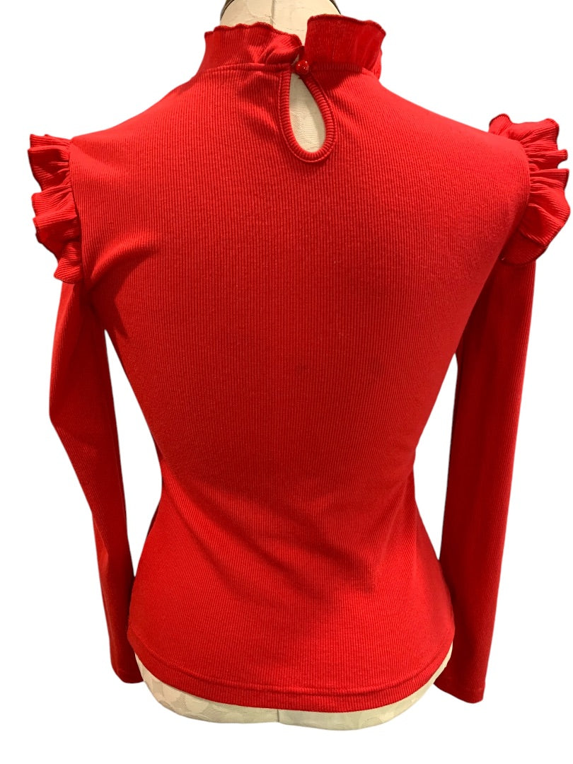 XS Womens Red Ribbed Ruffle Shoulder Shirt Long Sleeve Knit