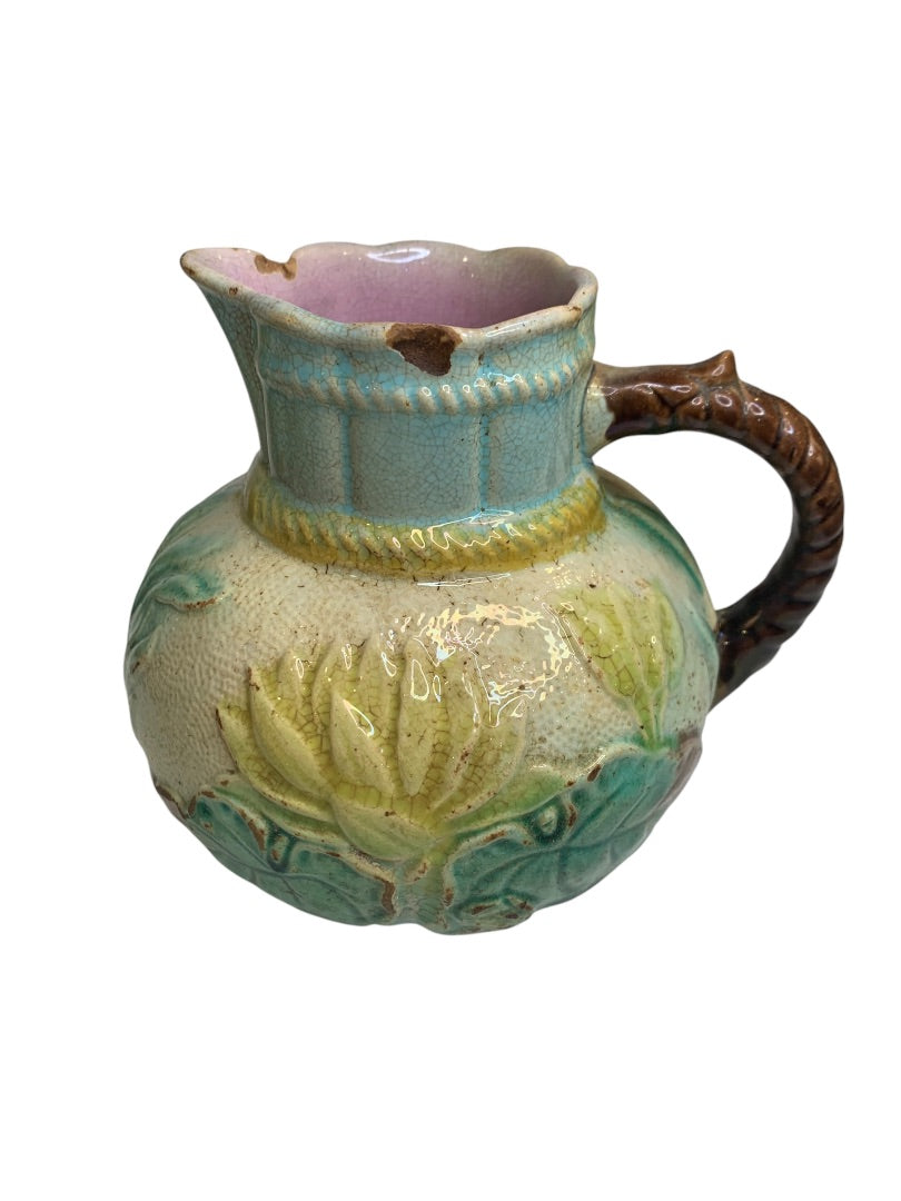 Antique Majolica Water Lily Pond Rope Pitcher Pottery 5 Inch