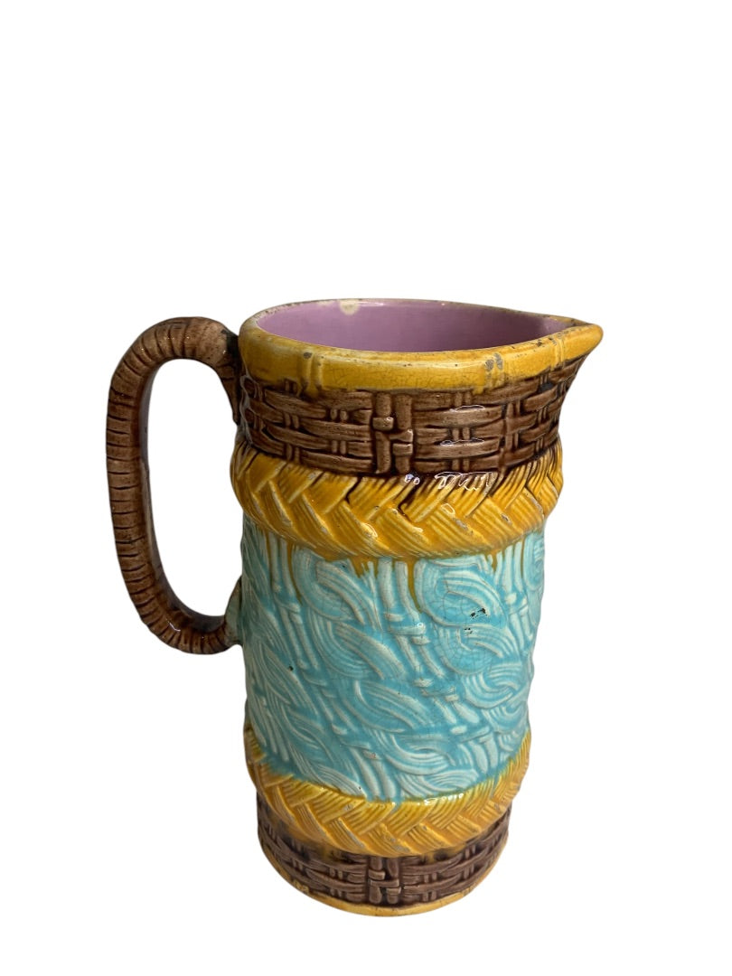 Antique Majolica Basket Weave Cable Pitcher Pottery 7.5 Inch Vibrant