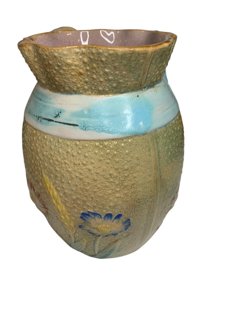 Antique Majolica Pitcher Pottery Wildflower Blue Bow Flower 7.5 Inch