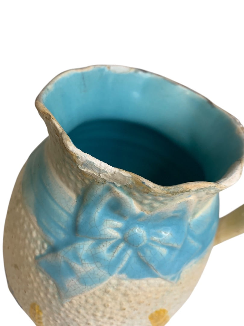 Antique Simon Fielding Majolica Pitcher Pottery Wildflower Blue Bow 6 Inch