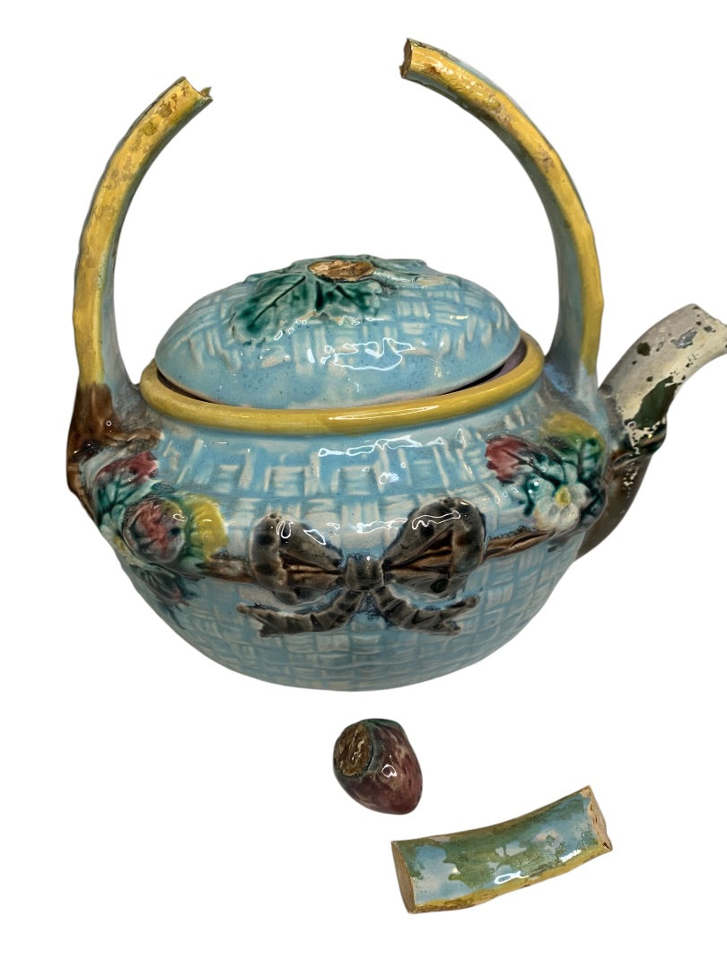 Antique Majolica Strawberry and Basket Teapot for Repair Broken