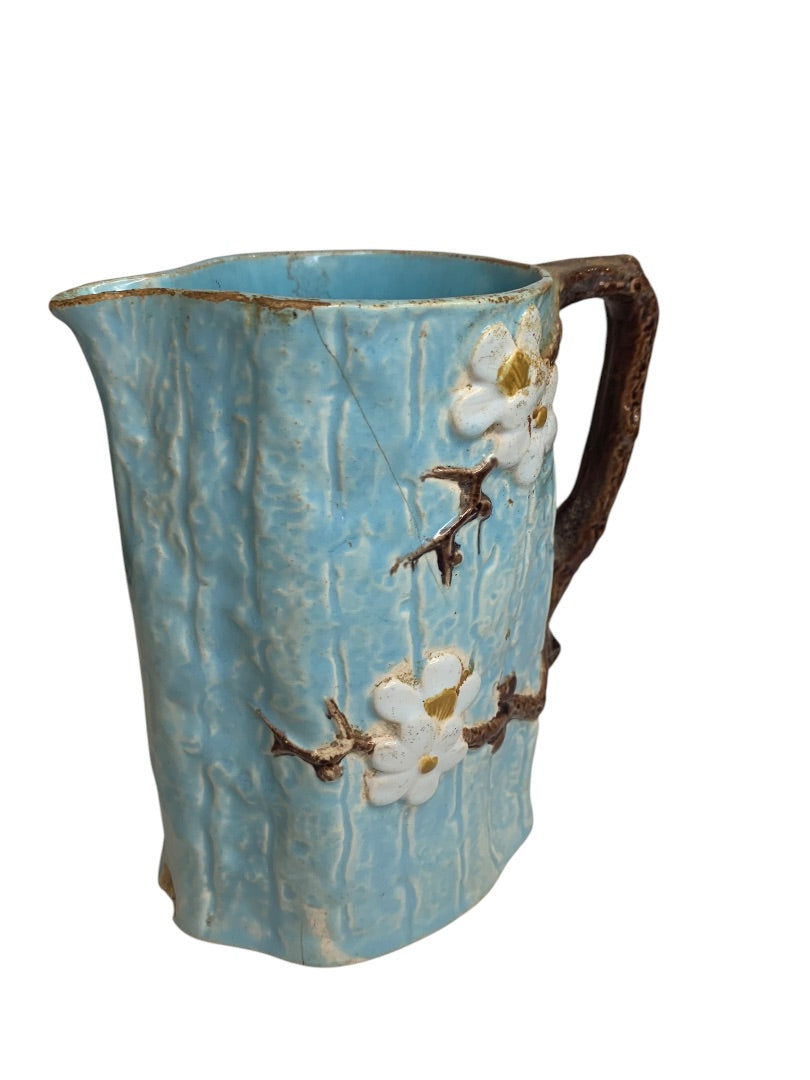 Joseph Holdcroft Antique Majolica 5.5 Inch Pitcher Dogwood Blue