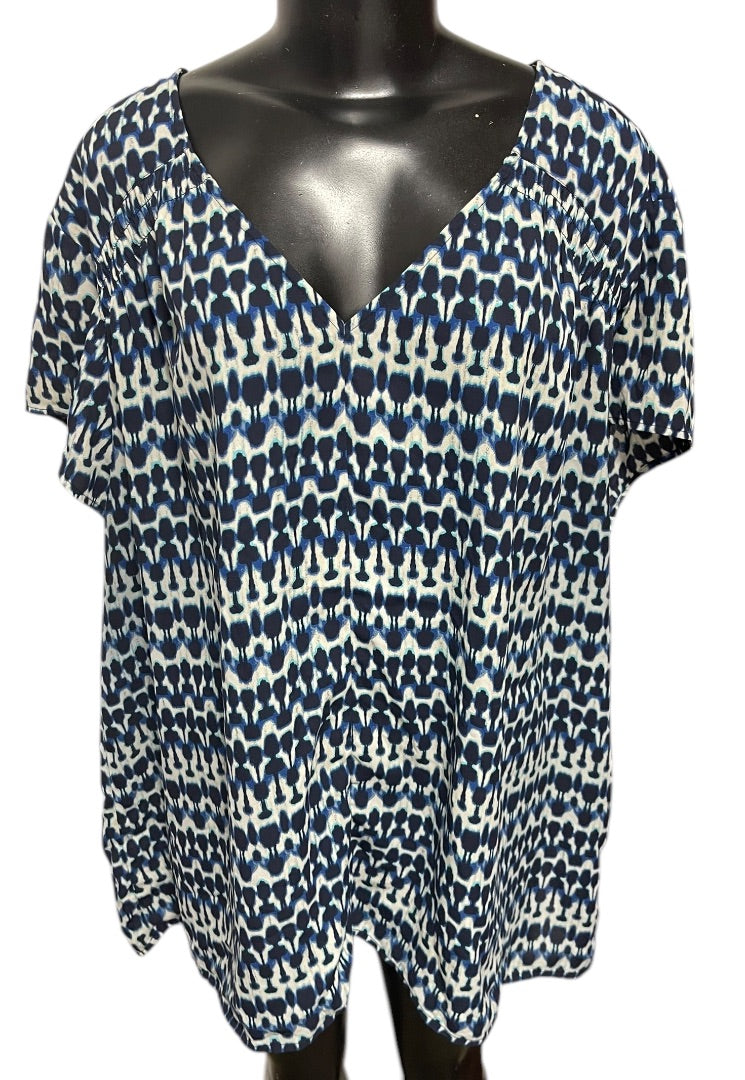 Size 24W Sejour Capsleeve V-Neck Womens Geometric Patterned Shirt Blouse Blue