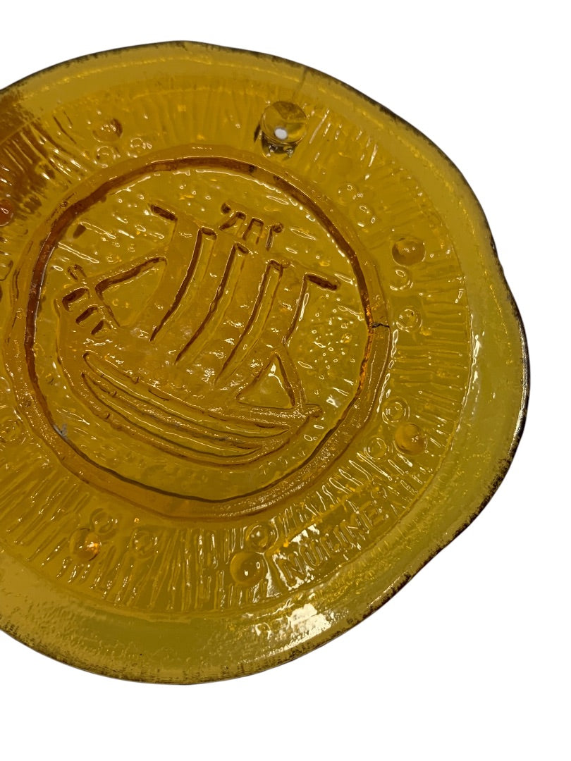 1960s Nuline Wheaton Amber Glass Suncatcher Small Ship 2.5 Inch