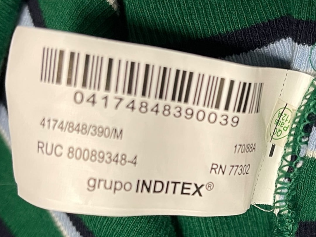 Medium Zara Womens Fitted Waist Length Striped Polo Shirt Green