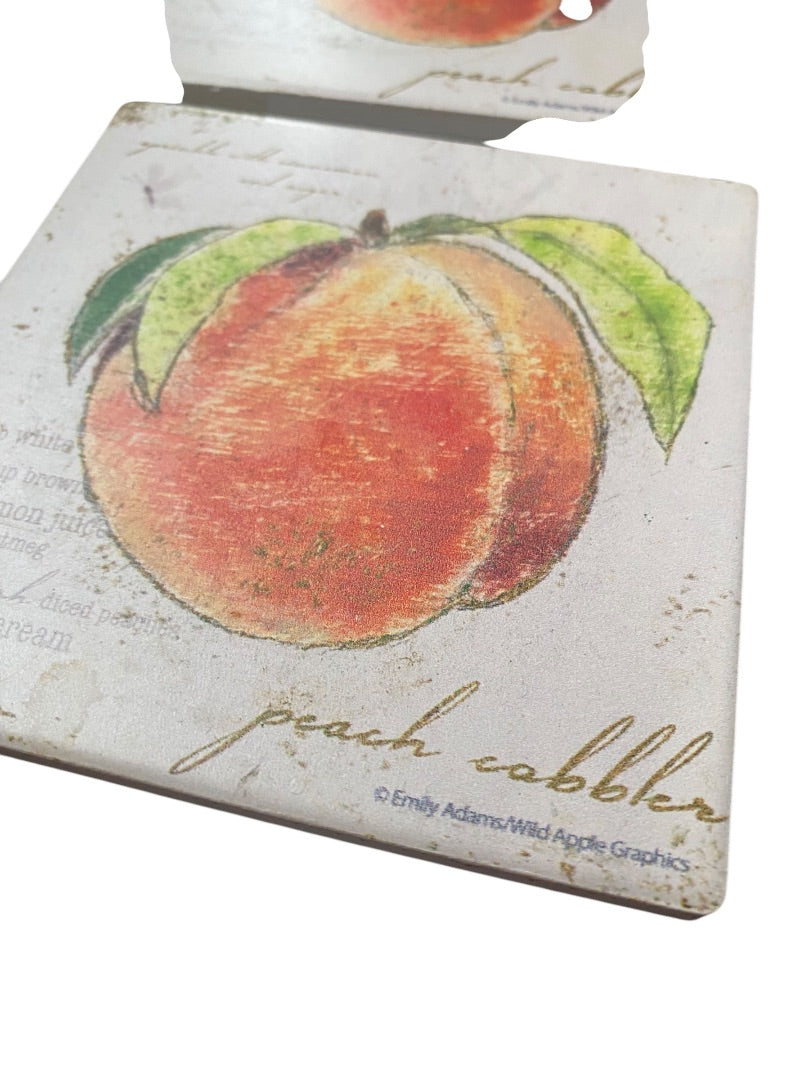 Set of 6 Tile Drink Coasters Cork Backed Peach Cobbler Design 4.25" Square