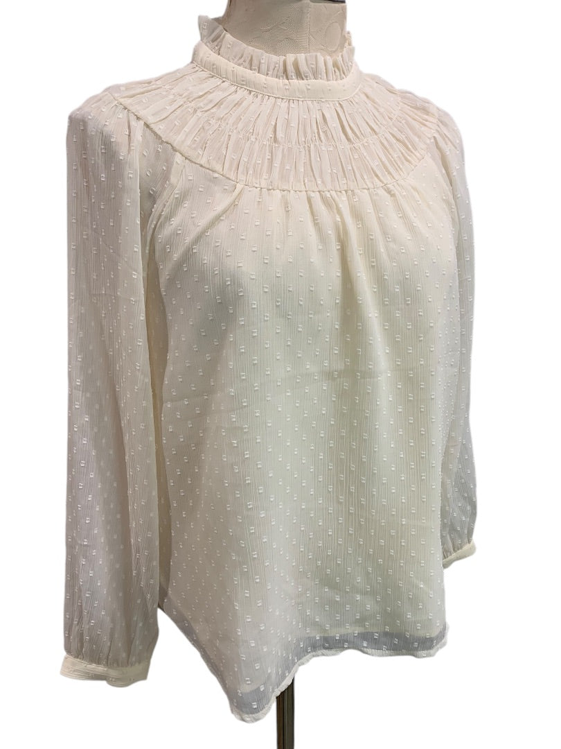 Small Petite Loft Ivory Womens Blouse Flowy Long Sleeve Lined Shirt Sheer Sleeve