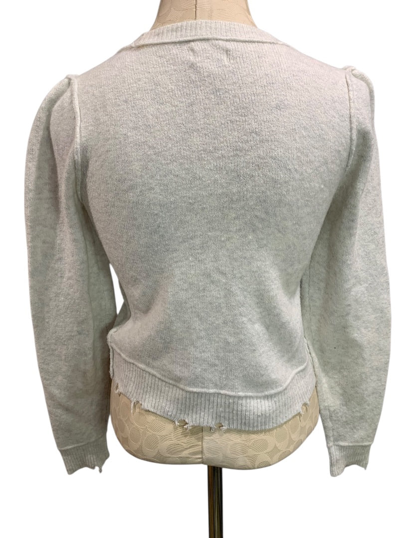 Small Aerie Womens White Gray Distressed Hem Sweater Reverse Stitch