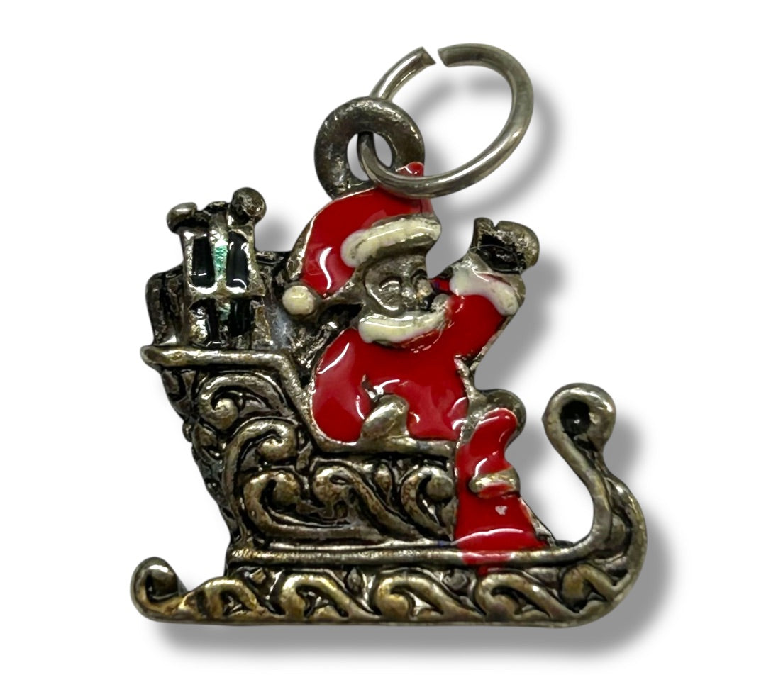 Goldtone Small Pendant Charm Santa Sleigh Christmas .75"