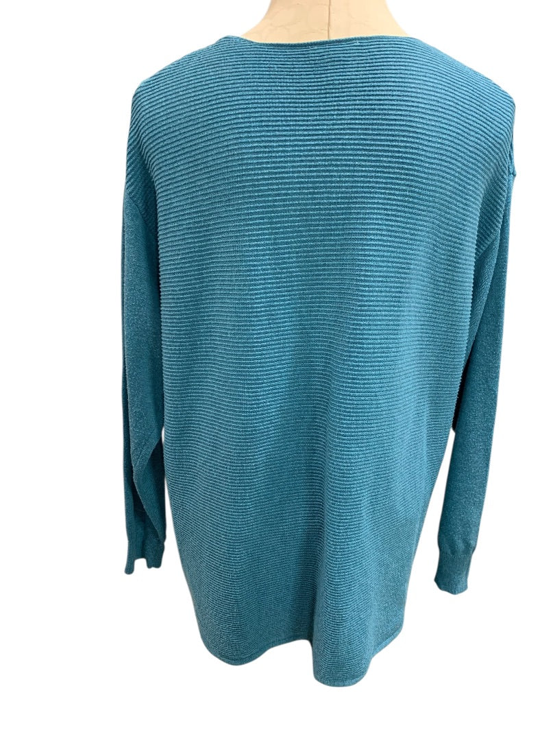 XL Ella Moss Womens V-Neck Sweater Teal Horizontal Ribbed Knit