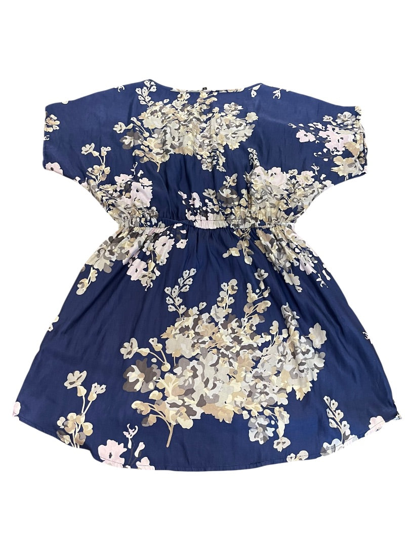 Large Express Floral Scoop Neck Elastic Waist Mini Dress Blue Pockets