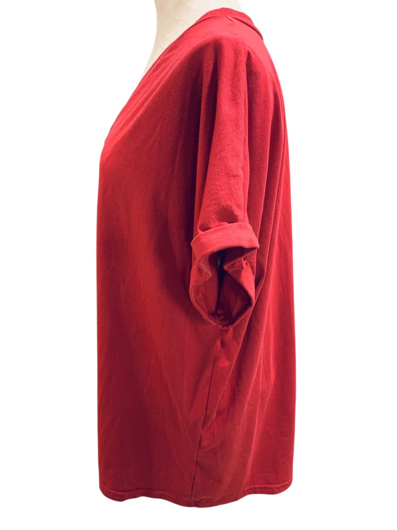 XXL Womens Red Short Sleeve Tshirt Button Embellished V-Neck Pullover