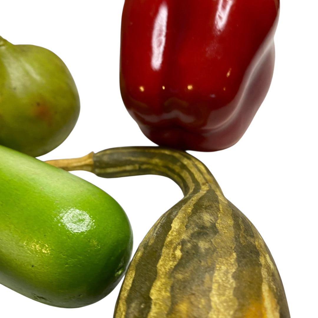 Assorted Lot of 5 Faux Vegetables Plastic Wooden Cucumber Squash Pepper