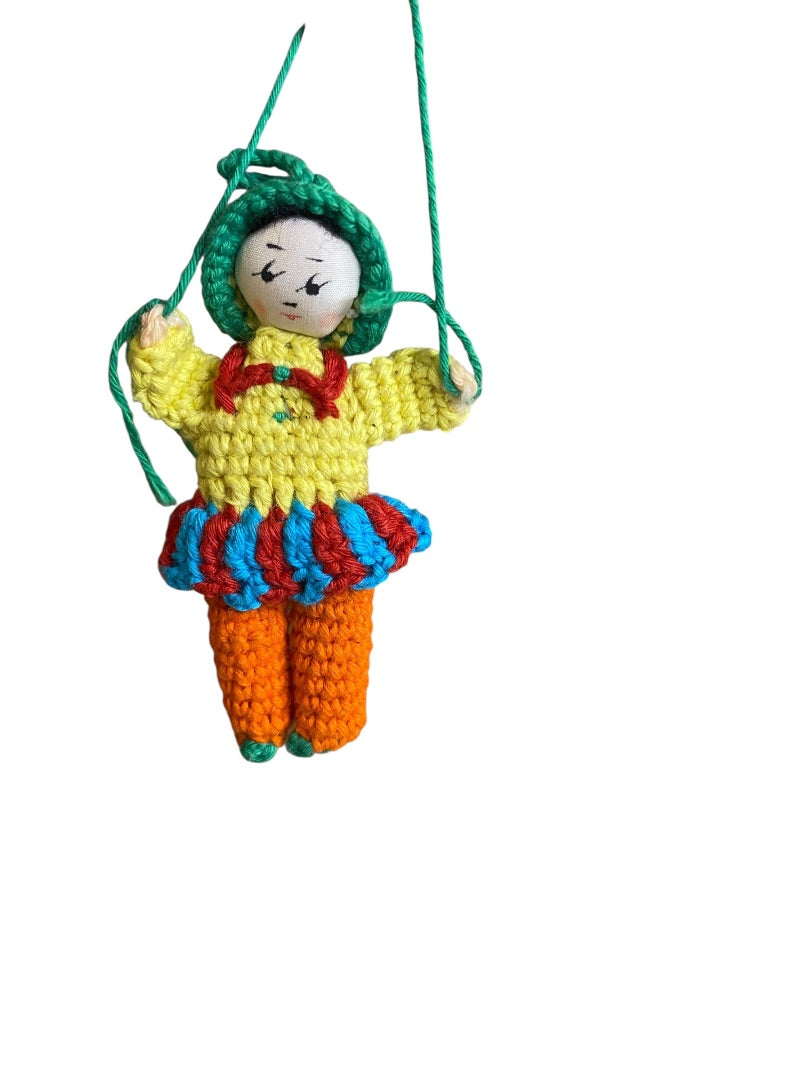 Vintage Amigurumi Japanese Miniature Crochet Doll 3" Silk Face Hanging