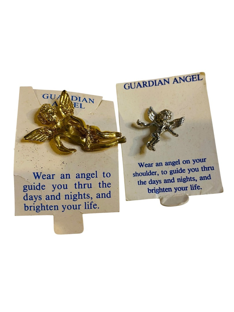 Set of 2 Vintage Guardian Angel Shoulder Pins Goldtone Silvertone on Cards