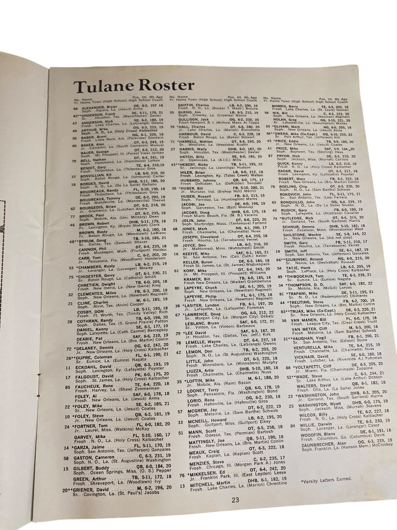 1973 LSU v Tulane Football Program Mike Miley Brad Davis Steve Foley Robiskie