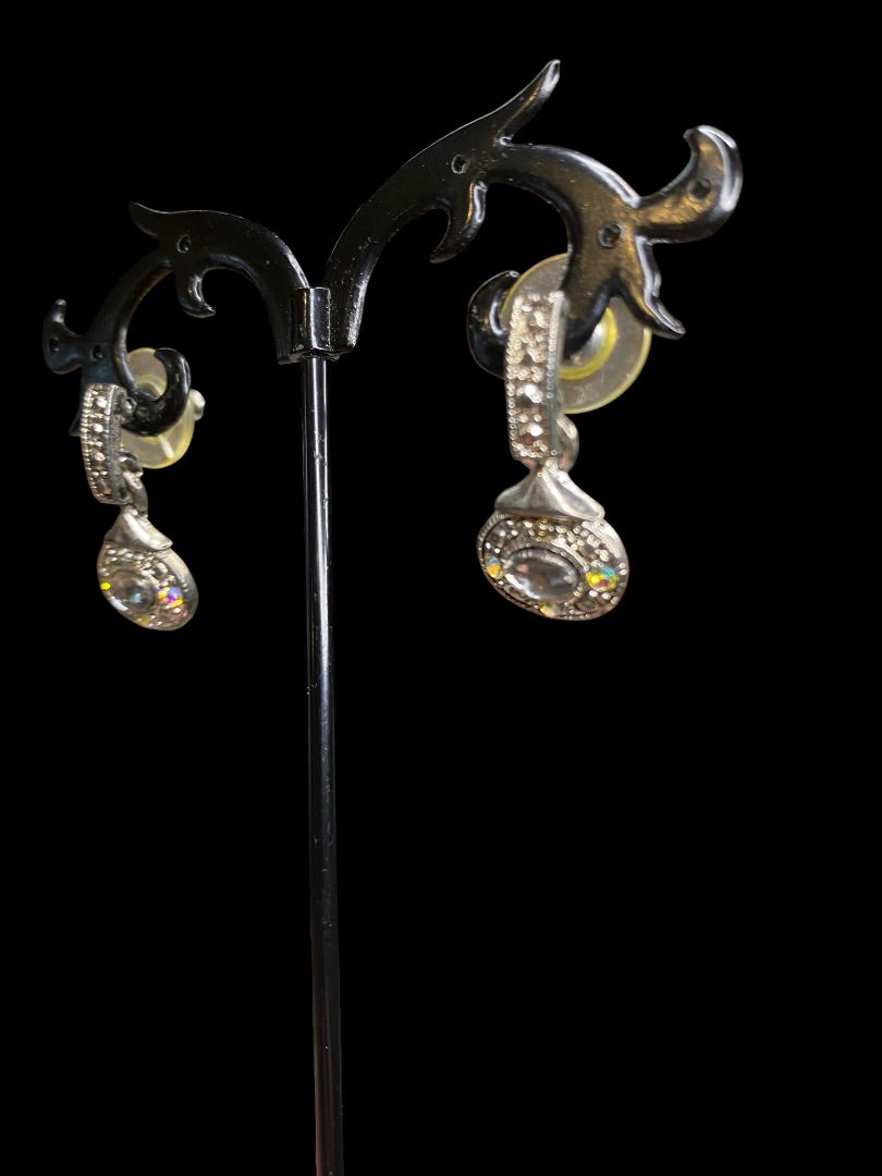 Vintage Pierced Earrings Rhinestone Silvertone 1" Drop Post