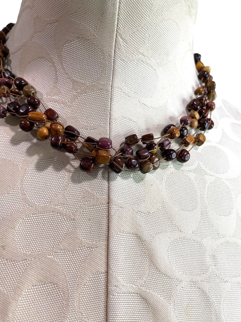 Wooden Bead Multistrand Boho Necklace 17" Lightweight