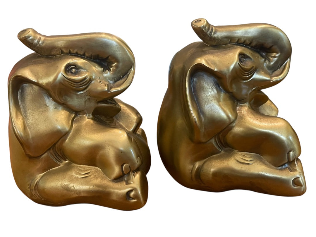 PM Craftsman Trunk Up Elephant Book Ends USA Heavy Goldtone