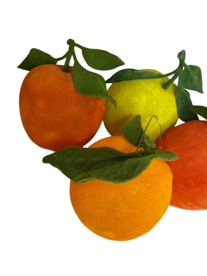 Vintage Flocked Velvet Fruit Set of 4 Ornaments Apples Orange 3 Inch