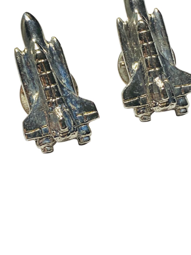 Pair of Vintage Space Shuttle Silvertone Lapel Pins Butterfly Back 1.25"