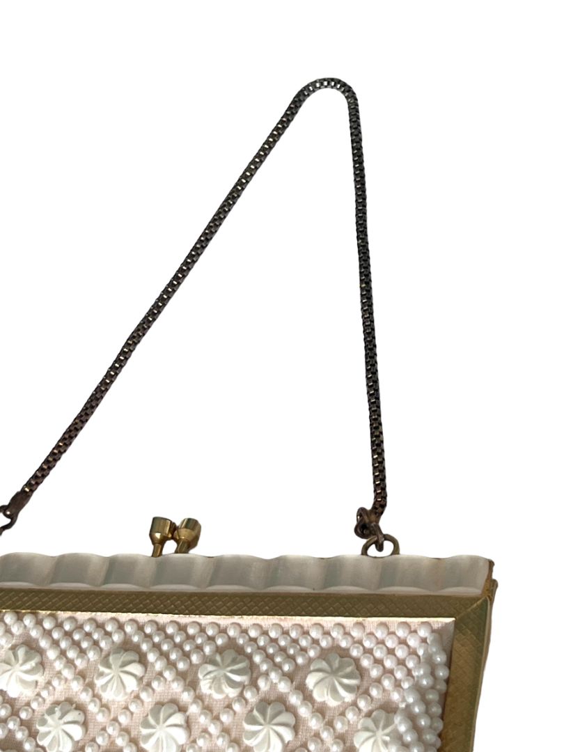 Small White Beaded Evening Bag Gold Chain And Kisslock Purse Handbag Vintage